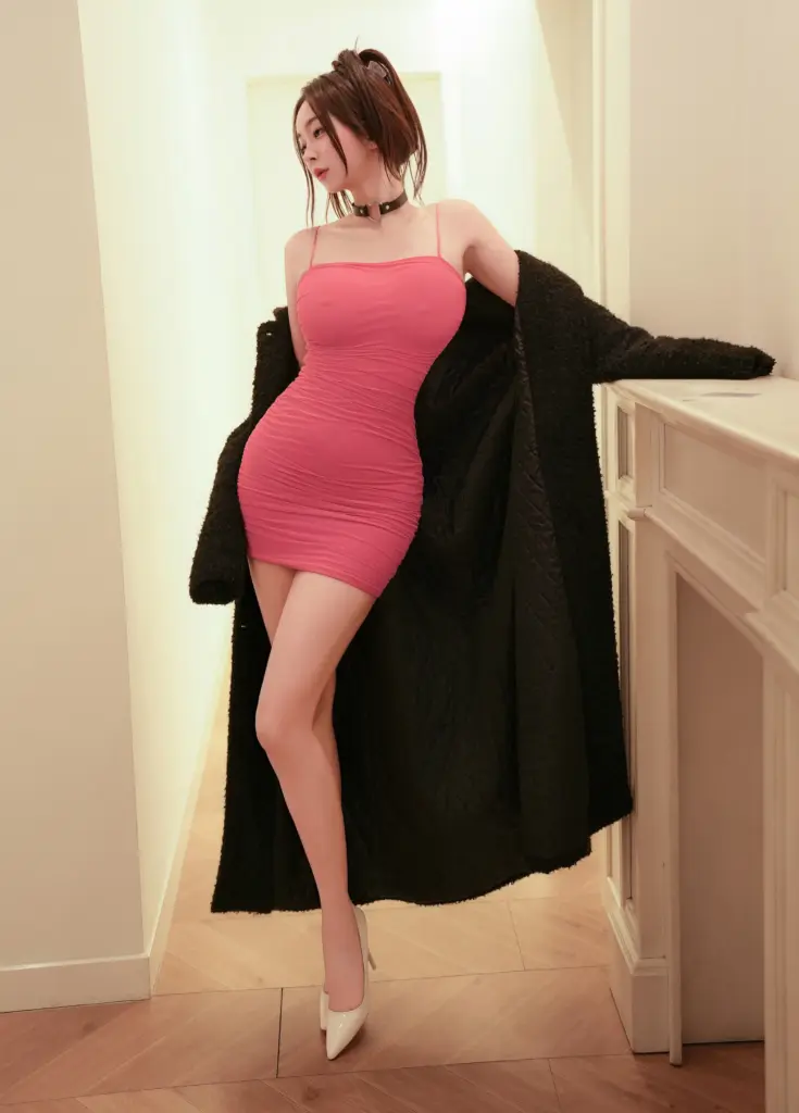星星 baby 玫粉色吊带包臀裙居家写真