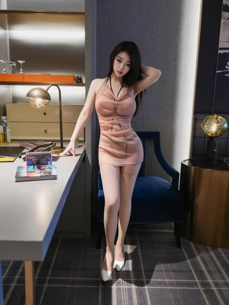 烧烧小桃写真,酒店书桌粉色闪丝包臀裙全身人像