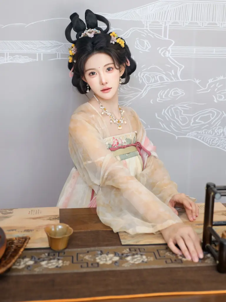 梨霜儿 No.10645 唐风襦裙写真，伏案茶席杏色透纱汉服近景