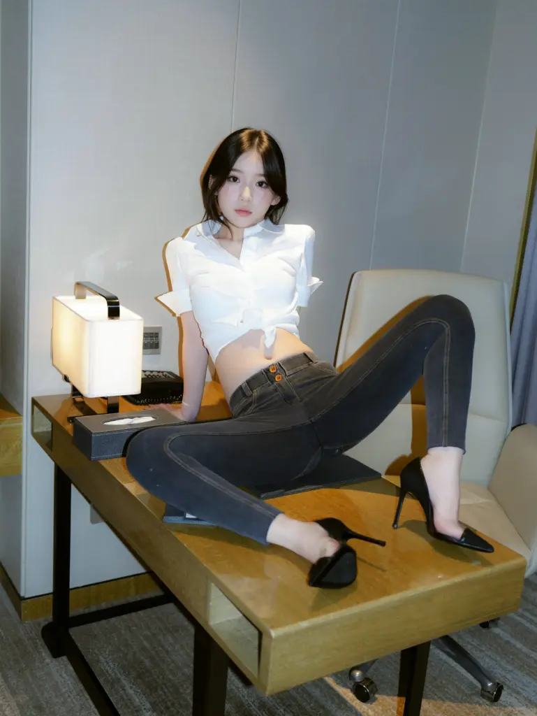 汁汁写真，酒店书桌白衬衫牛仔裤人像