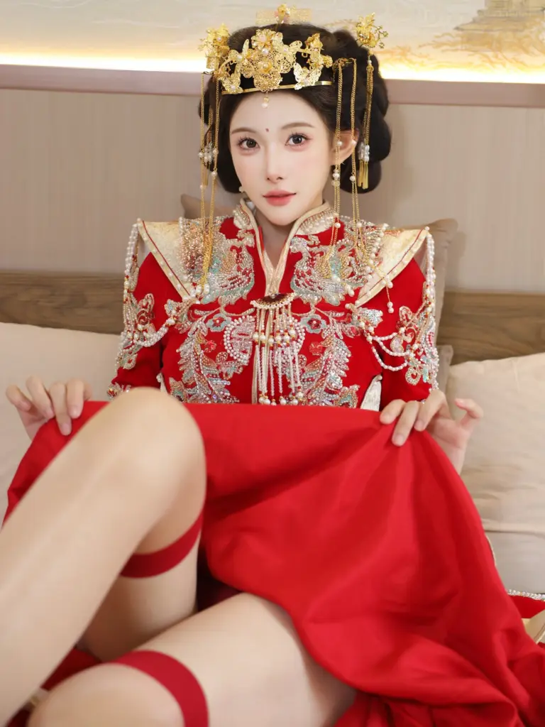 梨霜儿写真,梨霜儿古风婚床布景中式新娘人像摄影