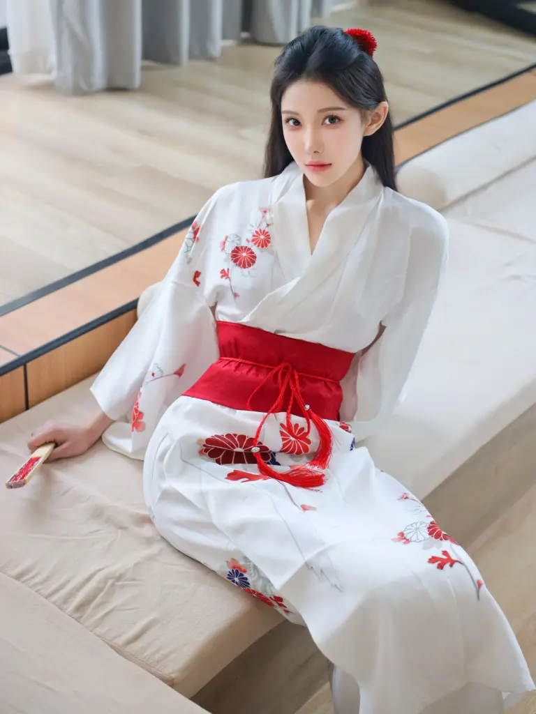 梨霜儿写真,白红花卉刺绣和服造型特写