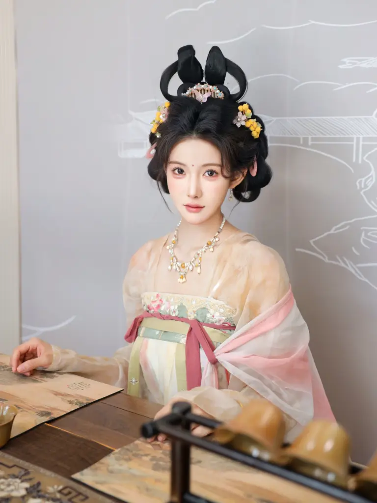 梨霜儿 No.10645 唐风襦裙写真，单手抚茶垫温婉仕女人像