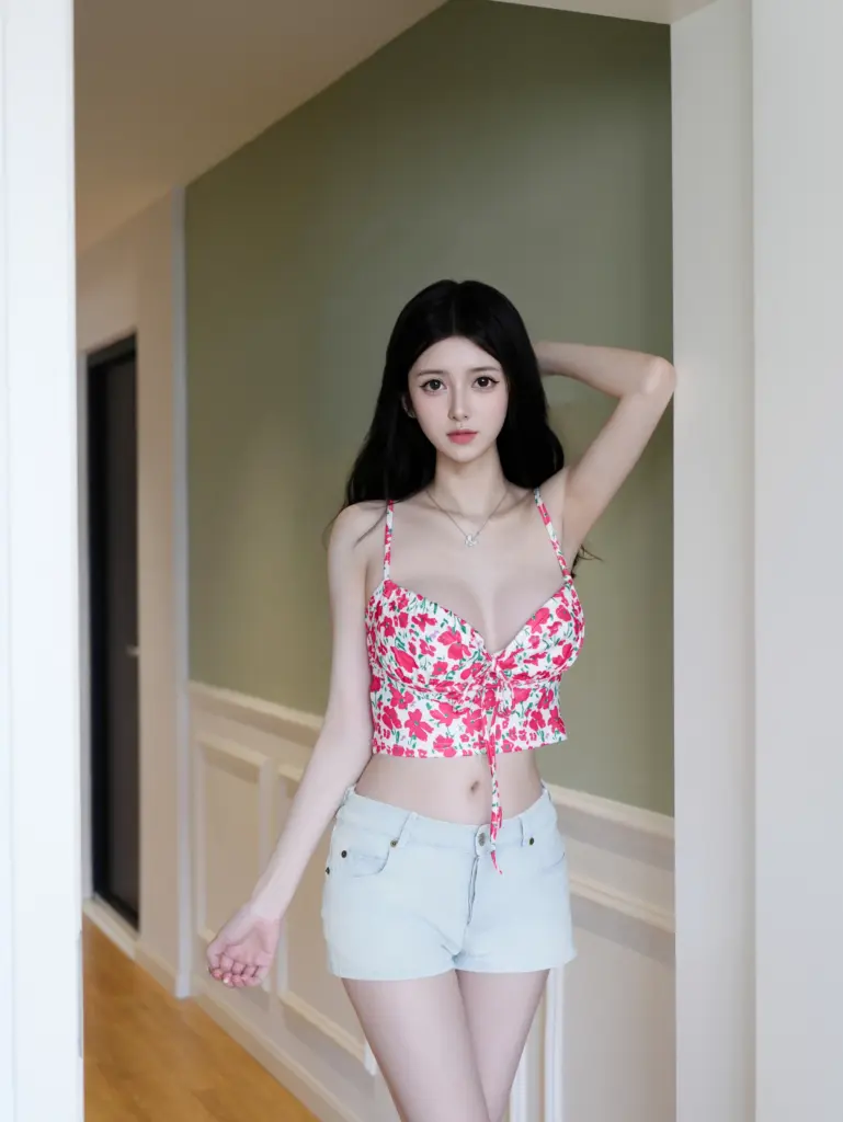白小蝶，黑长微卷淡颜甜妹半身特写